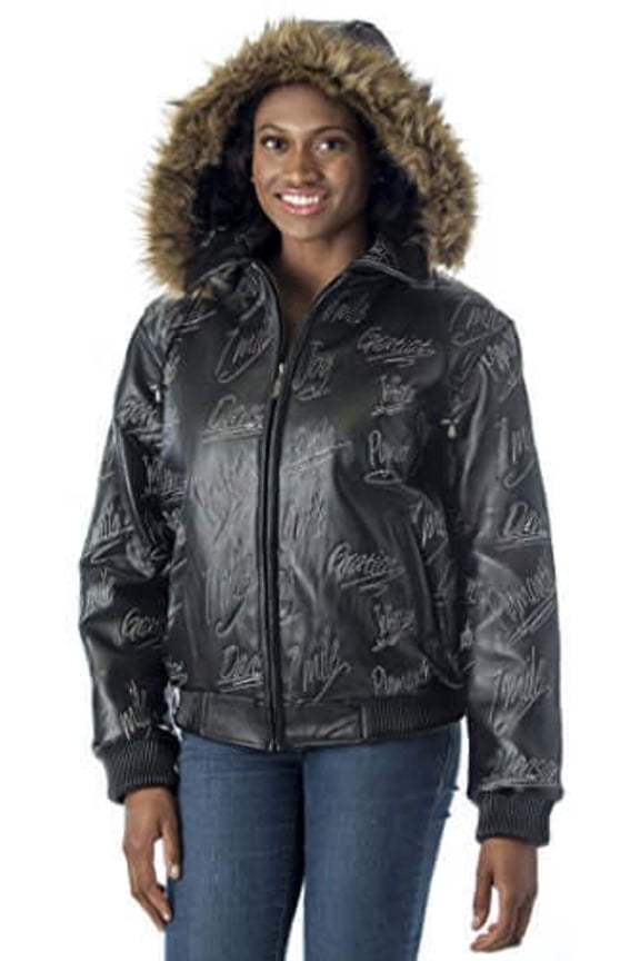 Women's Detroit Streets Leather Bomber Coat With Zip Out Hoody (2X, BLACK)