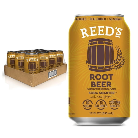 Reed's Root Beer Functional Soda with Real Ginger and Adaptogens, 12 fl oz, 12-Pack
