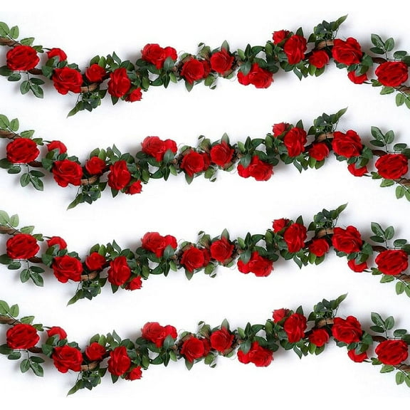 ReedCA 4PCS(28.8 FT) Artificial Rose Vines Fake Silk Flowers Rose Garlands Hanging Rose Ivy Plants for Wedding Home Office Arch Arrangement Decoration (red)
