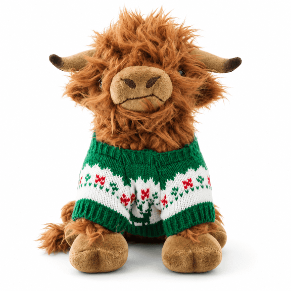 ReedCA Christmas Highland Cow Plush Toy, 11 in, Green Sweater