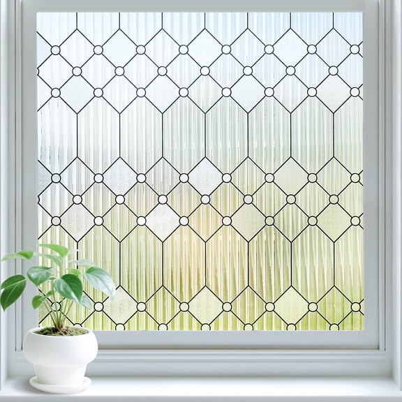 Reeded Glass Window Privacy Film, Frosted Glass Window Film for Bathroom & Front Door, Static Cling Decorative 3D Window Stickers Day and Night Privacy Sun Heat Blocking (17.5 x 78.7 Inch)