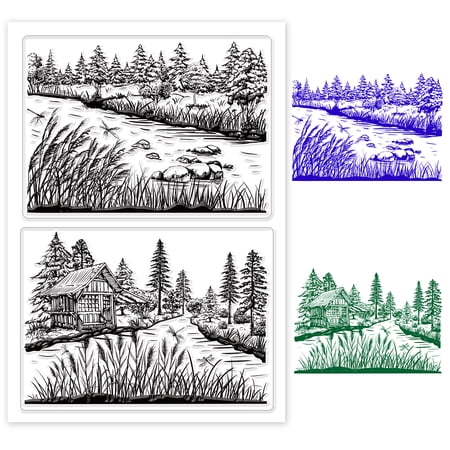 Reeds Marsh Silicone Clear Stamps with Dragonfly Country Cottage House Scenery Autumn Silicone Stamps for Journal Cards Photo Album Scrapbook Crafting