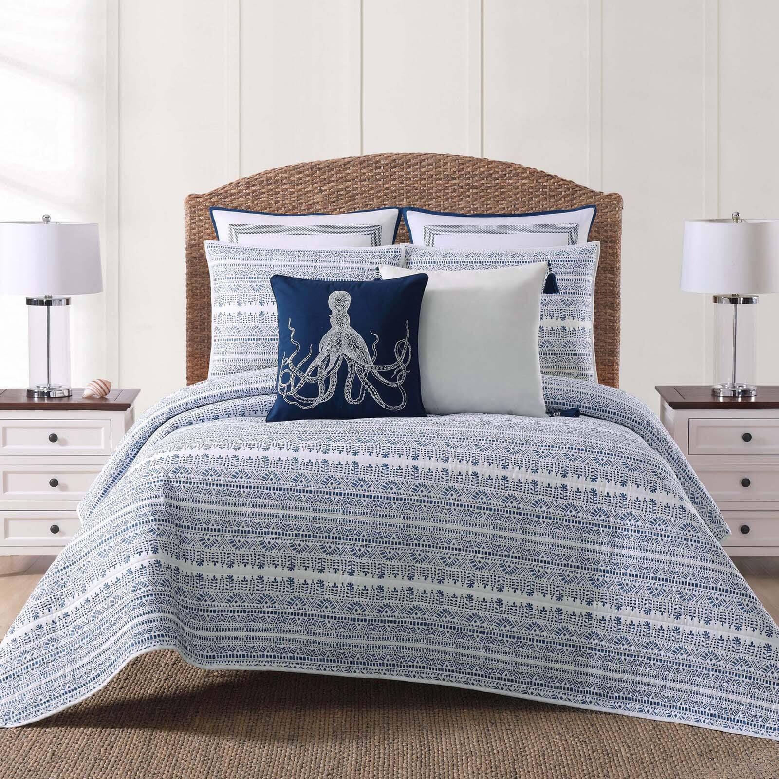 King Size Blue and White Cotton Coastal Quilt Set