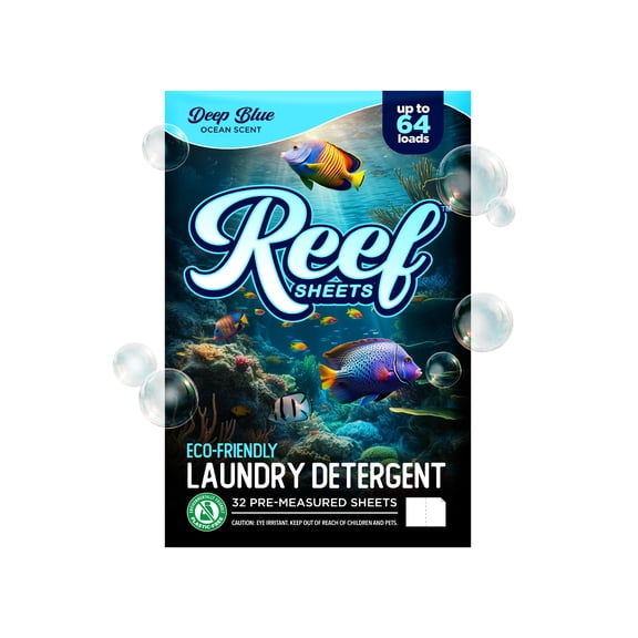 Reef Sheets Laundry Detergent Sheets, Plastic Free and Eco-Friendly, Deep Blue Ocean Scent 32ct pack