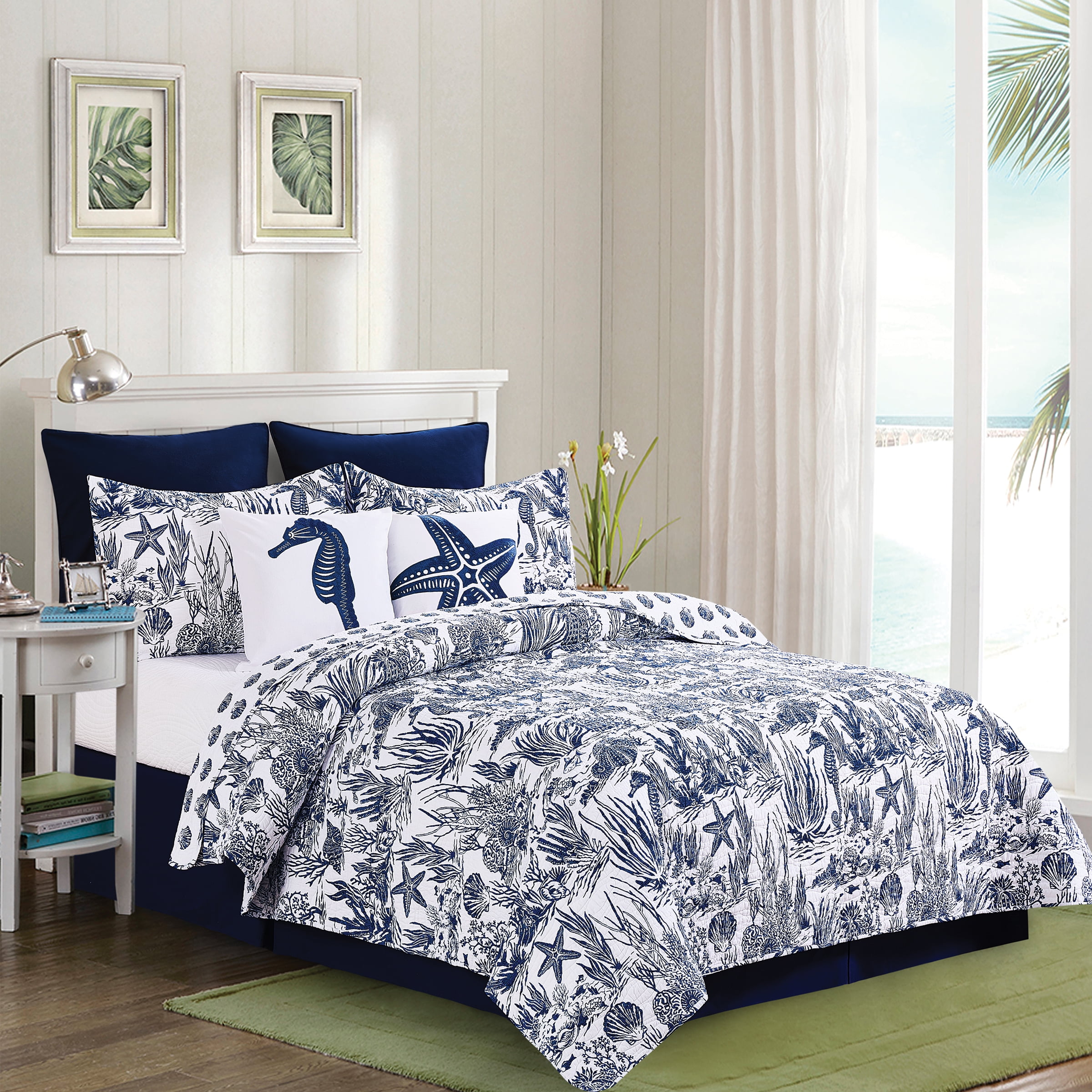 Reversible Blue Cotton King Coastal Quilt Set