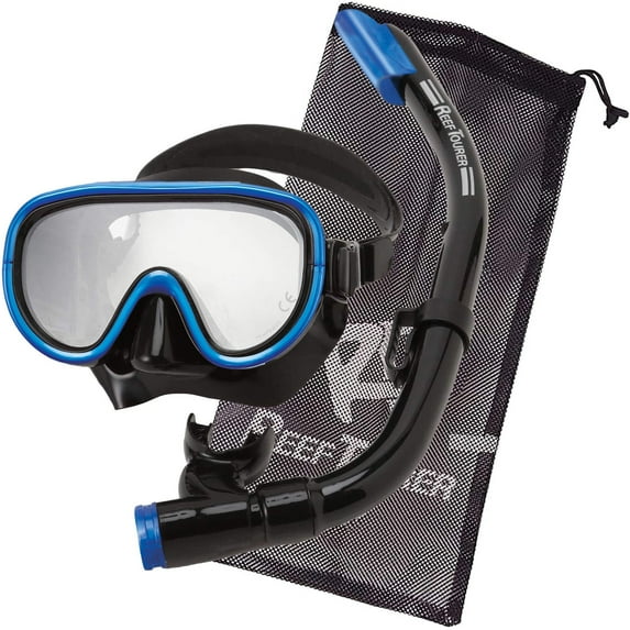 Reef Tourer Adult Single-Window Mask & Snorkel Combo Set, Black/Metallic Blue
