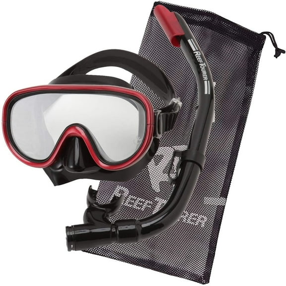 Reef Tourer Adult Single-Window Mask & Snorkel Combo Set, Black/Metallic Dark Red