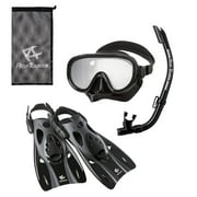 Reef Tourer Adult Single-Window Mask, Snorkel & Fin Traveling Set, Black, Medium
