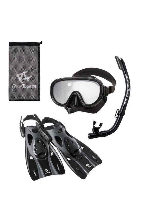 Adult Single-Window Mask, Snorkel & Fin Traveling Set, Black, Medium