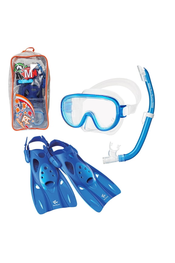 Adult Single-Window Mask, Snorkel and Fin Set with Travel Bag, Blue, Medium (4-9)