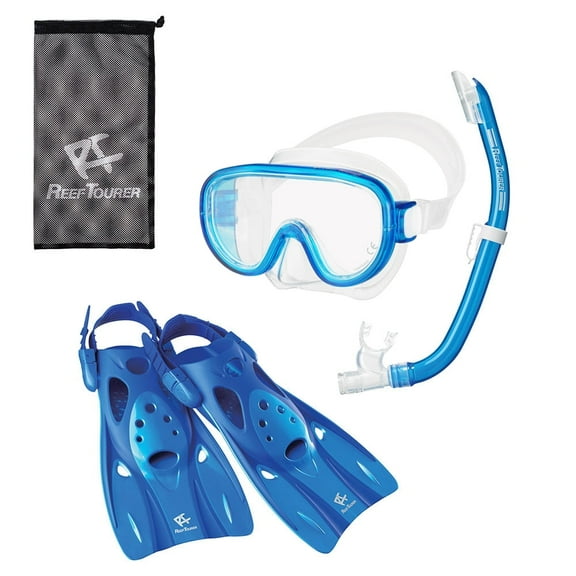Reef Tourer Adult Single-Window Mask, Snorkel and Fin Traveling Set, Clear Blue, Large