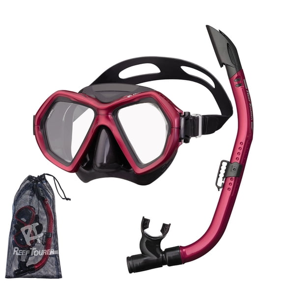 Reef Tourer Adult X-Plore 2-Window Mask & Snorkel Set, Black/Metallic Dark Red