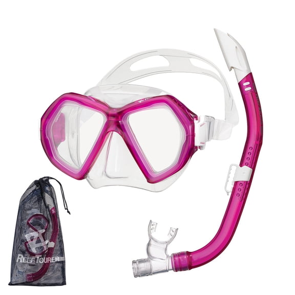 Reef Tourer Adult X-Plore 2-Window Mask & Snorkel Set, Bougainvillea Pink