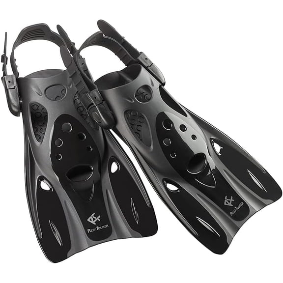 Reef Tourer Snorkel Fins for Kids and Adults, Adjustable Open Heel, Compact Short Blade Swimming Snorkeling Flippers, Travel Size, RF0106P, Black, Large