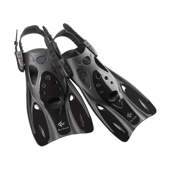 Reef Tourer Snorkel Fins for Kids and Adults, Adjustable Open Heel, Compact Short Blade Swimming Snorkeling Flippers, Travel Size, RF0106P, Black, Large