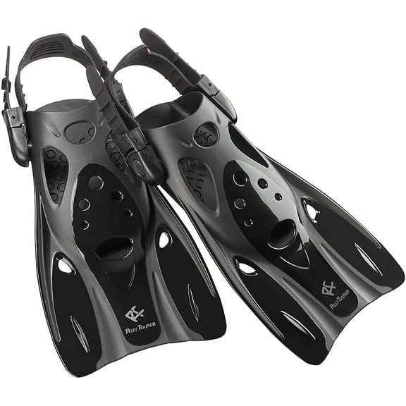 Reef Tourer Snorkel Fins for Kids and Adults, Adjustable Open Heel, Compact Short Blade Swimming Snorkeling Flippers, Travel Size, RF0106P, Black, Medium