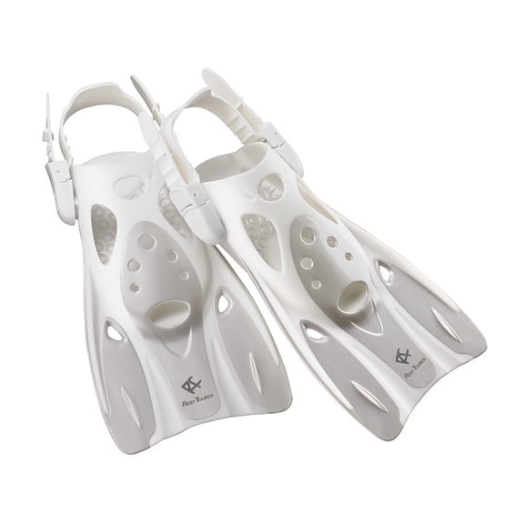 Reef Tourer Snorkel Fins for Kids and Adults, Adjustable Open Heel, Compact Short Blade Swimming Snorkeling Flippers, Travel Size, RF0106P, White, Small