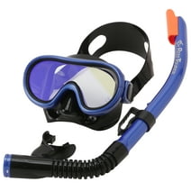 Reef Tourer Youth Single-Window Mask & Snorkel Combo Set for Kids, Black/Metallic Blue (Mirrored Lens)