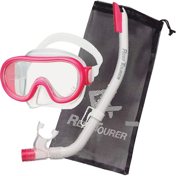 Reef Tourer Youth Single-Window Mask & Snorkel Set for Kids Age 4-9, Flash Pink