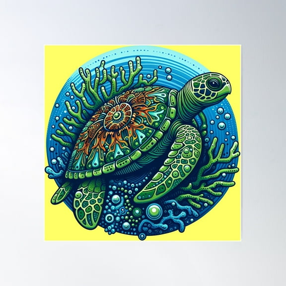 Reef Turtle (#Ffff66) Poster Wall Art, Modern Wall Decor For Living Room Bedroom, 17x17 UNFRAMED