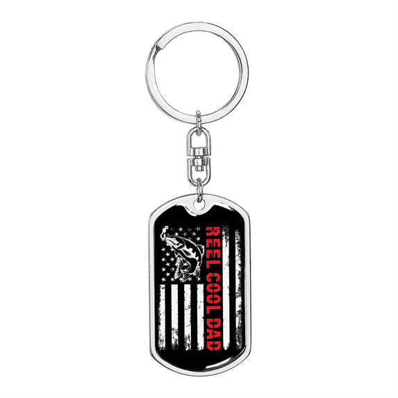 Reel Cool Dad Flag Fishing Stainless Steel or 18k Gold Premium Swivel Dog Tag Keychain