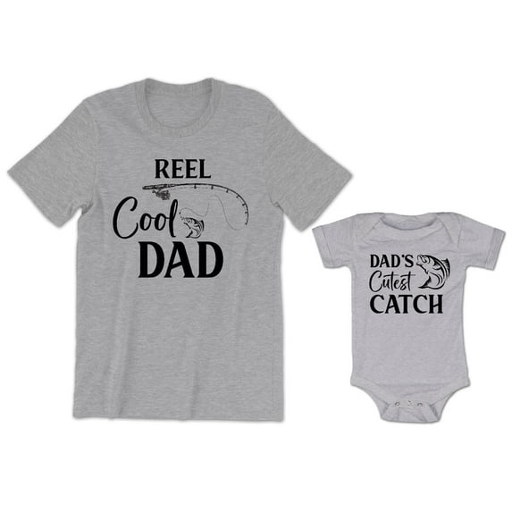 Reel Cool Dad Men's T-Shirt Fish and Fishing Hook Graphic Dad's Cutest Catch Baby Bodysuit Kids Toddler Shirt