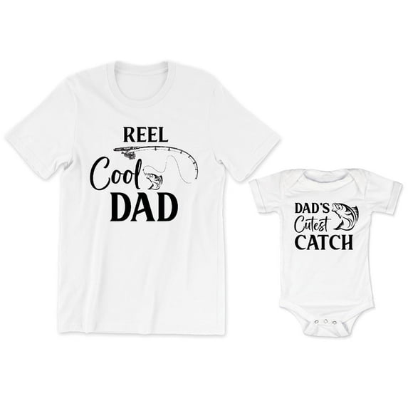 Reel Cool Dad Men's T-Shirt Fish and Fishing Hook Graphic Dad's Cutest Catch Baby Bodysuit Kids Toddler Shirt