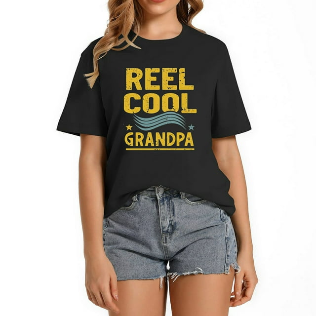 Reel Cool Grandpa Crew Neck Womens T Shirts Black - Walmart.com