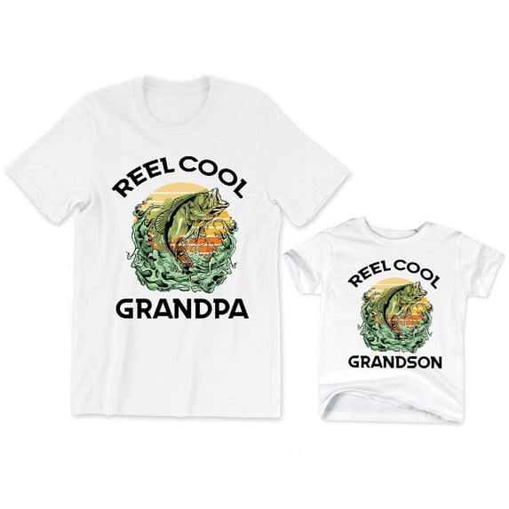 Reel Cool Grandpa Men's T-Shirt Funny Fish Graphic Tee Reel Cool Grandson Kids Toddler Shirt Youth