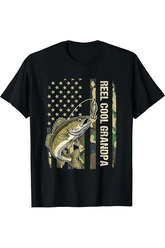 Reel Cool Grandpa Walleye Fishing Camo American Flag T-Shirt