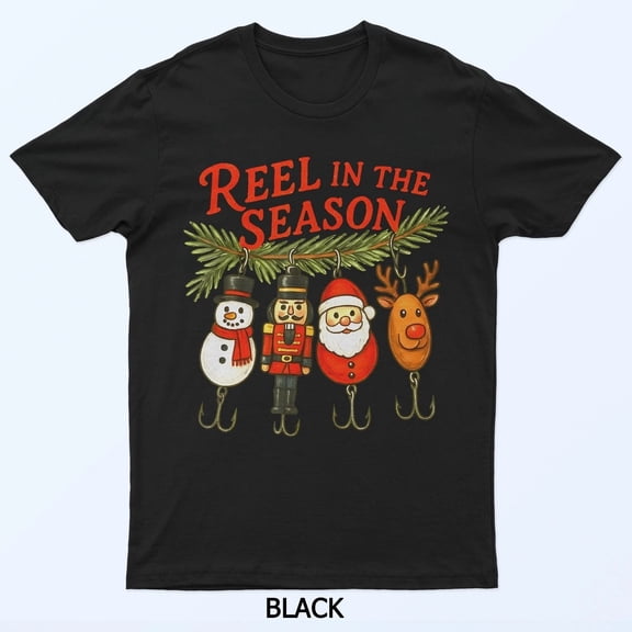 Reel In The Season Christmas T-Shirt – Funny Fishing Bass Holiday Graphic Tee – Christmas Gift for Him