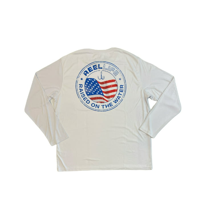 Reel Life Sun Ray Defender UPF 50 Lightweight Long Sleeve Fishing Boating  Shirt (White/Flag, L) 