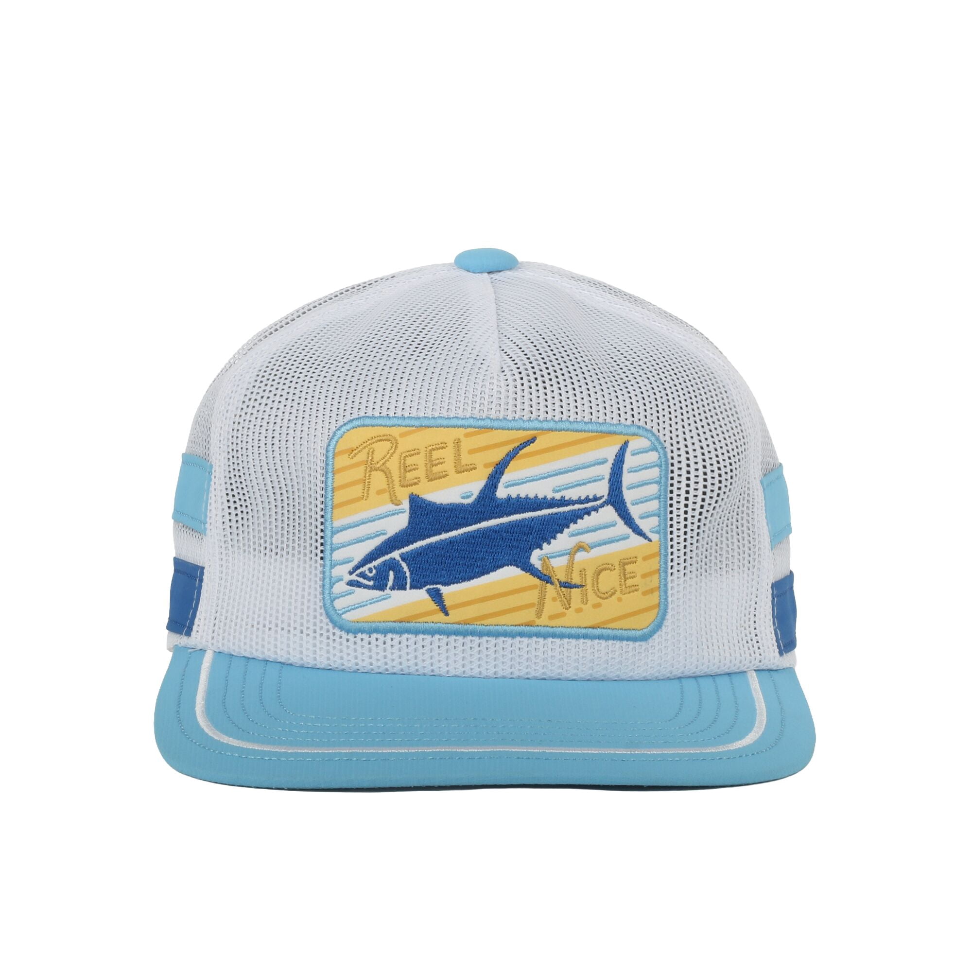 Outdoor Cap Reel Nice Fishing Patch Mesh Cap – Flat Bill Snapback, One Size, White/Blue