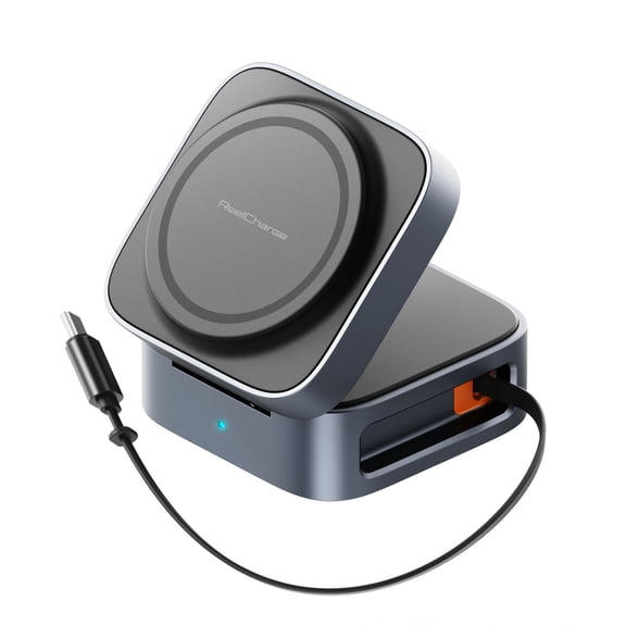 ReelCharge 5-in-1 Wireless Charging Station, Qi2 25W, Watch Charger, Retractable USB-C Cable, 65W Total with 70W GaN Wall Charger (Black)
