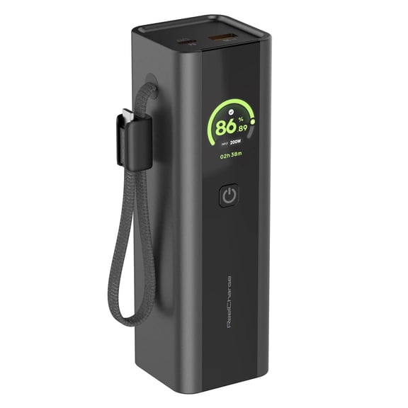 ReelCharge ReelPro 200W 27000mAh Power Bank, Portable Charger with 140W USB C Wristlet Cable, LED Display, Fast Charging for Laptop, iPhone, and iPad, (Gray)