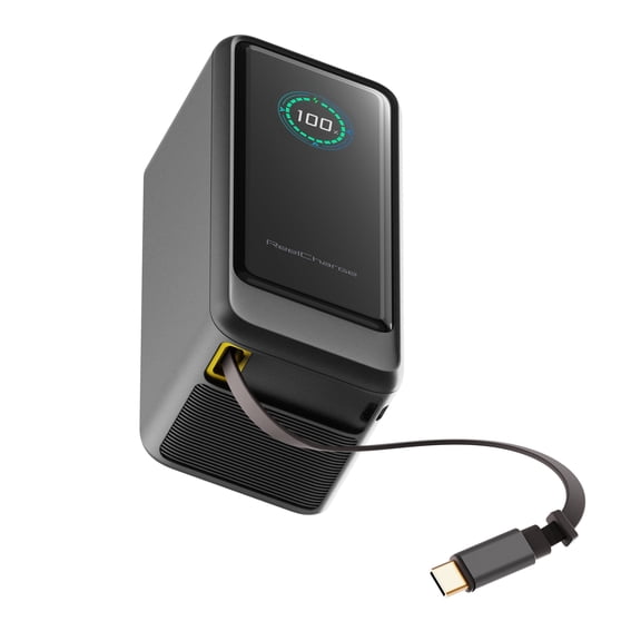 ReelCharge ReelPro 67W 15000mAh Power Bank, Portable Charger with Retractable USB C Cable, Built-In Wall Prongs, Passthrough Charging and LED Display (Black)