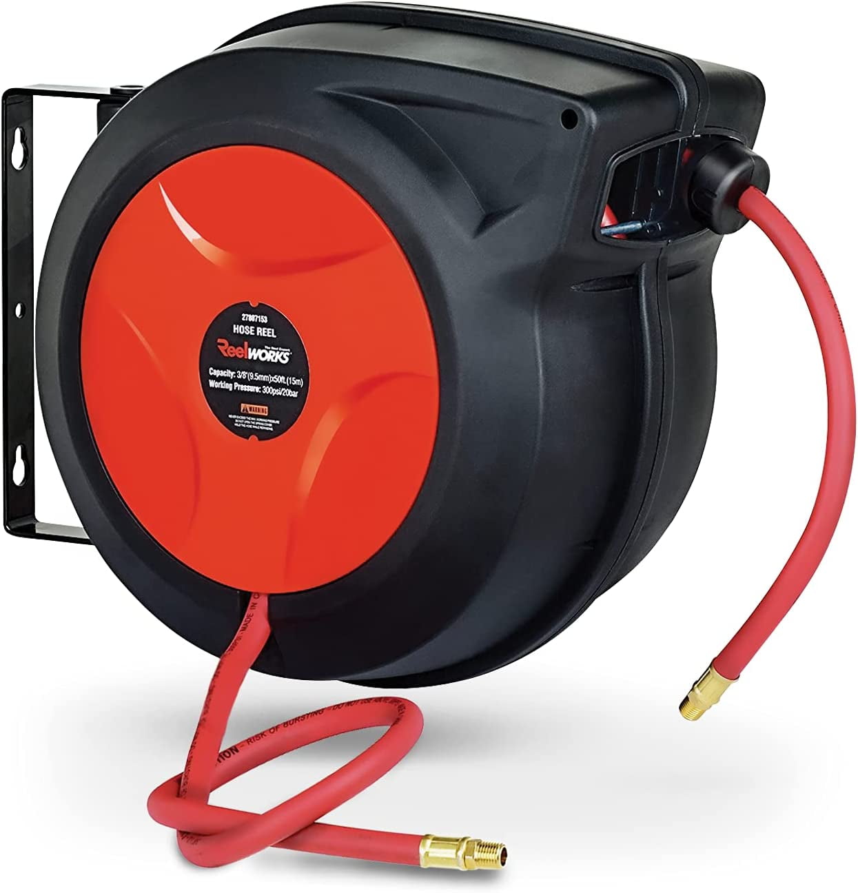 ReelWorks Air Hose Reel - Retractable 3/8 x 50' with 3' Lead-In Hose &  1/4 NPT Connections - Mountable 