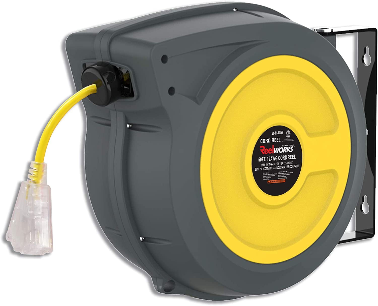 ReelWorks Retractable Extension Cord Reel - 12AWG x 50' Ft, 3 Grounded  Outlets, Max 15A 