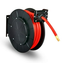 ReelWorks Steel Retractable Air Compressor/Water Hose Reel with 3/8" x 50' Hybrid Polymer Hose, Max. 300 psi