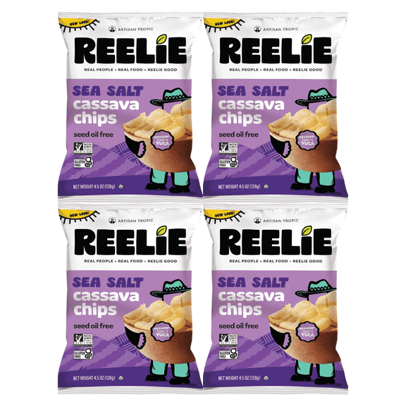 Reelie Sea Salt Cassava Chips, 4.5 oz (4 Pack)  Crispy Gluten-Free Root Vegetable Chips, Lightly Salted Snack, Non-GMO Vegan Snack
