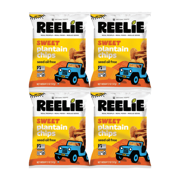Reelie Sweet Plantain Chips, Sweet Flavor Snack Chips, Crunchy Gluten Free Plantain Chips, Naturally Sweet Tropical Snack, 2 oz Bags, 4 Pack