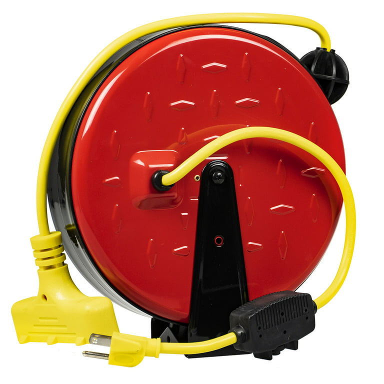 Reelworks 30 Ft Retractable Extension Cord Reel 3 Outlets 16/3 SJTW Cord  Metal