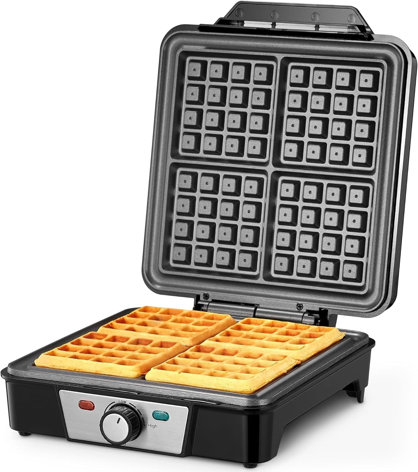 Reemix Belgian Waffle Maker, 4-Slice, 1200W Non-Stick Waffle Iron with Browning Control, Indicator Lights, Cool-Touch Handle, Silver/Black
