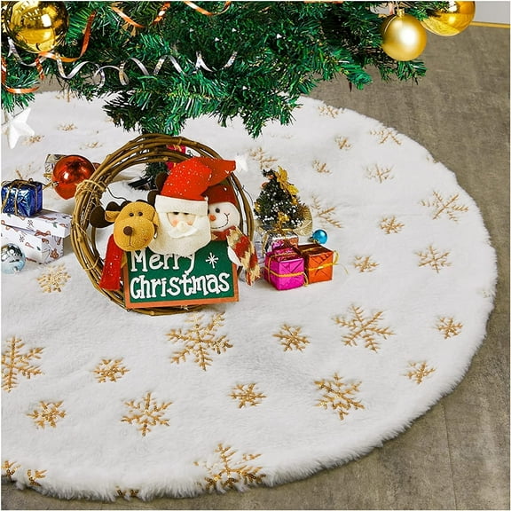 Vafful Christmas Tree Skirt 36'' Plush Skirts Decorations for Merry Christmas Party Christmas Tree Mat White and Gold Snowflake Faux Fur Tree Skirt, Xmas Tree Skirt Christmas Holiday Decorations