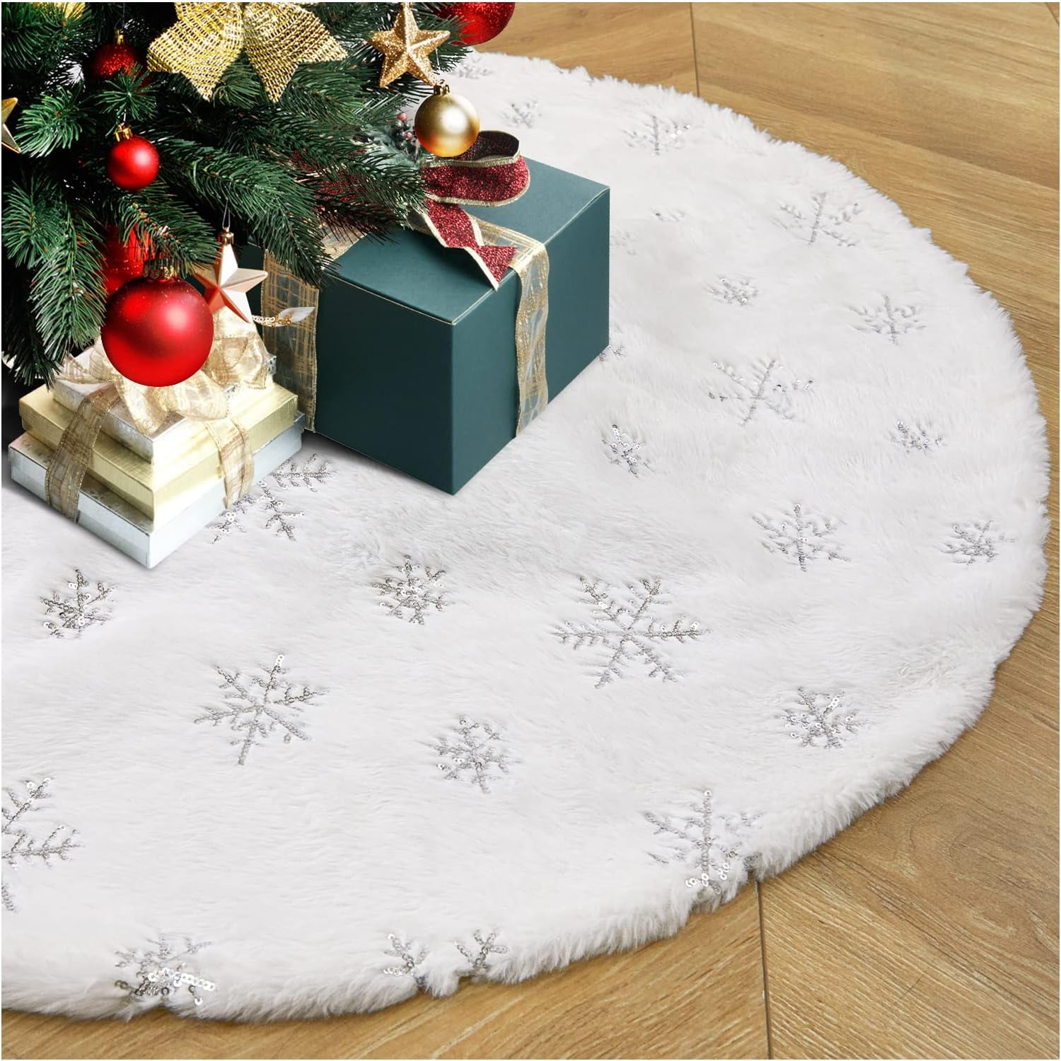 Reendo Christmas Tree Skirt 48'' White Tree Skirt Xmas Faux Fur Tree