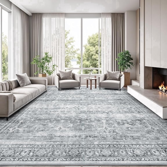 Reepow 8x10 Area Rugs for Living Room Washable Gray Low Pile Carpet Soft Non Slip Backing Floral Indoor Rugs for Bedroom Home Office