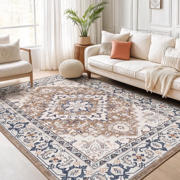 Reepow 5x7 Brown Beige Machine Washable Super Soft Faux-Wool Vintage Floral Boho Non-Slip Low Pile Area Rugs for Living Room Bedroom