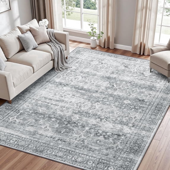 Reepow 5x7 Area Rugs for Living Room Washable Gray Low Pile Carpet Soft Non Slip Backing Floral Indoor Rugs for Bedroom Kitchen Home Office