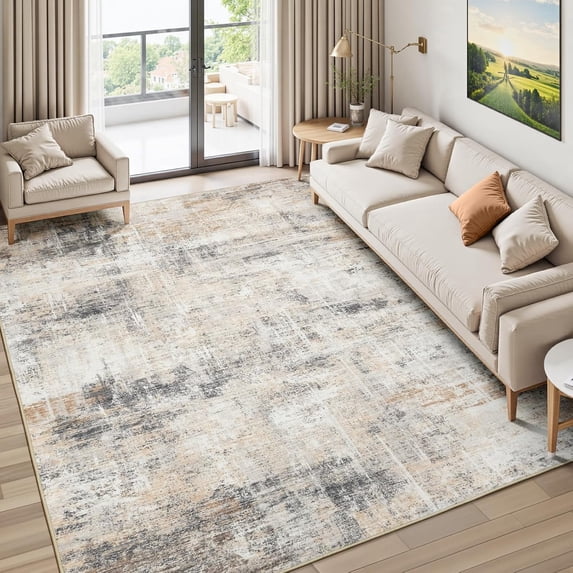 Reepow 5x7 Grey/Gold Abstract Neutral Machine Washable Non-Slip Backing Low Pile Area Rug for Living Room Bedroom Dining Room