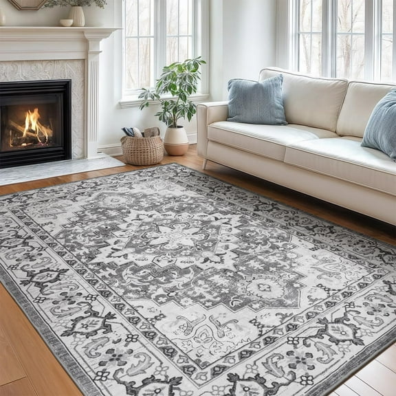 Reepow 5x7 Washable Vintage Boho Soft Non-Slip Low Pile Area Rug for Living Room Office Dining Room,Floral Grey
